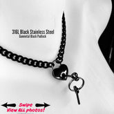 Discrete Chain & Padlock Day Collar BLACK 316L Stainless Steel w Small HEART Gunmetal Locking Slave Choker or Necklace