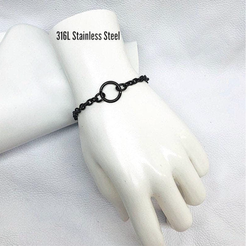 24/7 O-Ring Day Collar Bracelet, Black Stainless Steel, Waterproof, Lock Option