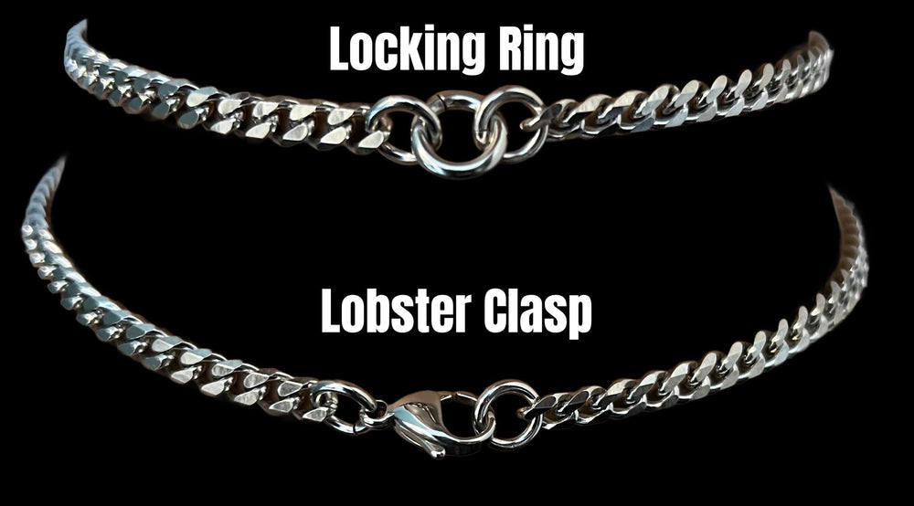 two silver-colored metal necklaces with lobster clasp closures, labeled as "Lockring" and "Lobster Clasp" respectively.