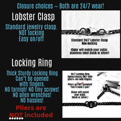 The image is a collage of two images, one showing a lobster clasp and the other showing a locking ring. The text provides information about the closure choices and features of these jewelry pieces.