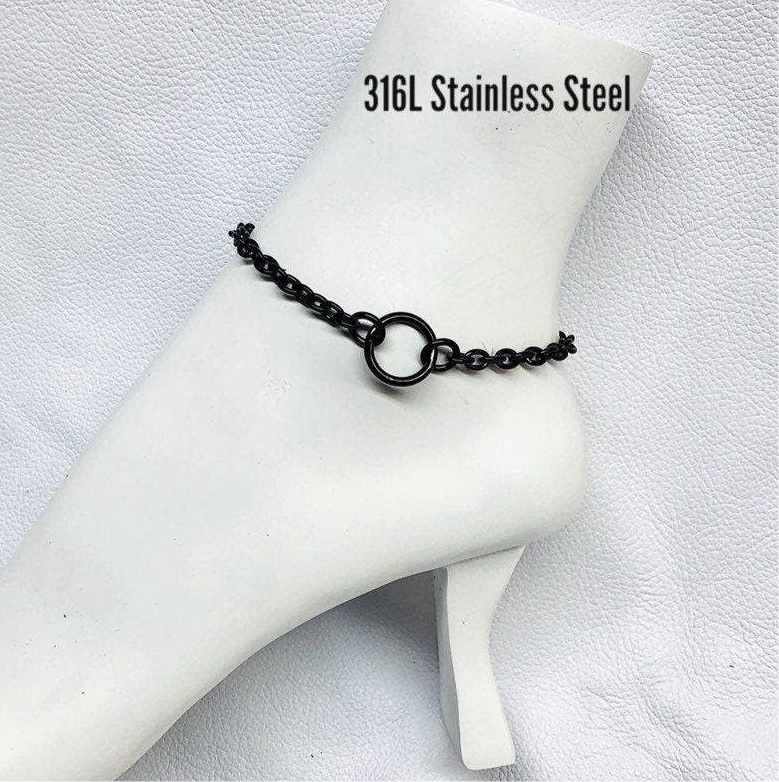 Black Steel Ankle Day Collar O-Ring Bracelet, Stainless Steel, Waterproof, Lock Option