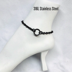 Black Steel Ankle Day Collar O-Ring Bracelet, Stainless Steel, Waterproof, Lock Option