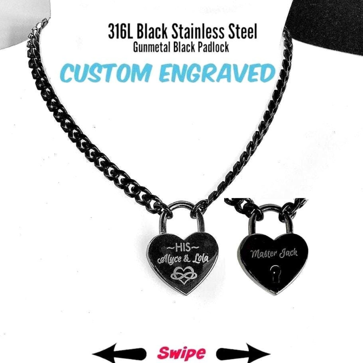 Day Collar, Engraved Heart Padlock, Black Stainless Steel Chain