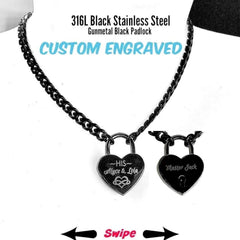Day Collar, Engraved Heart Padlock, Black Stainless Steel Chain