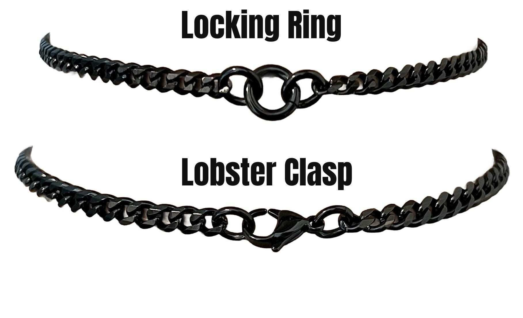 two black metal chains with lobster clasps, labeled as "Lockring" and "Lobster Clasp" respectively.