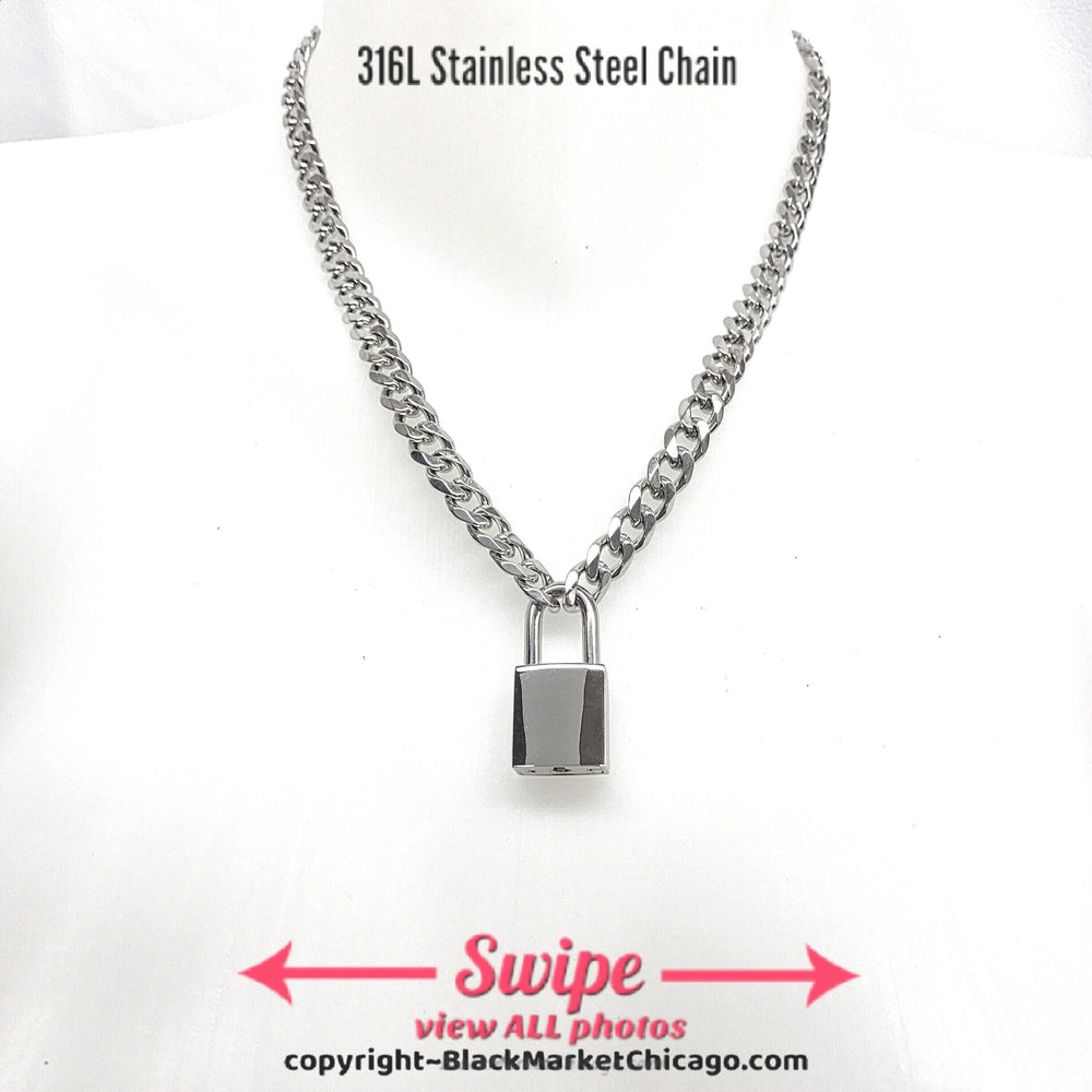 Padlock Sub Day Collar, NICKEL Steel Square Padlock, Stainless Steel Chain