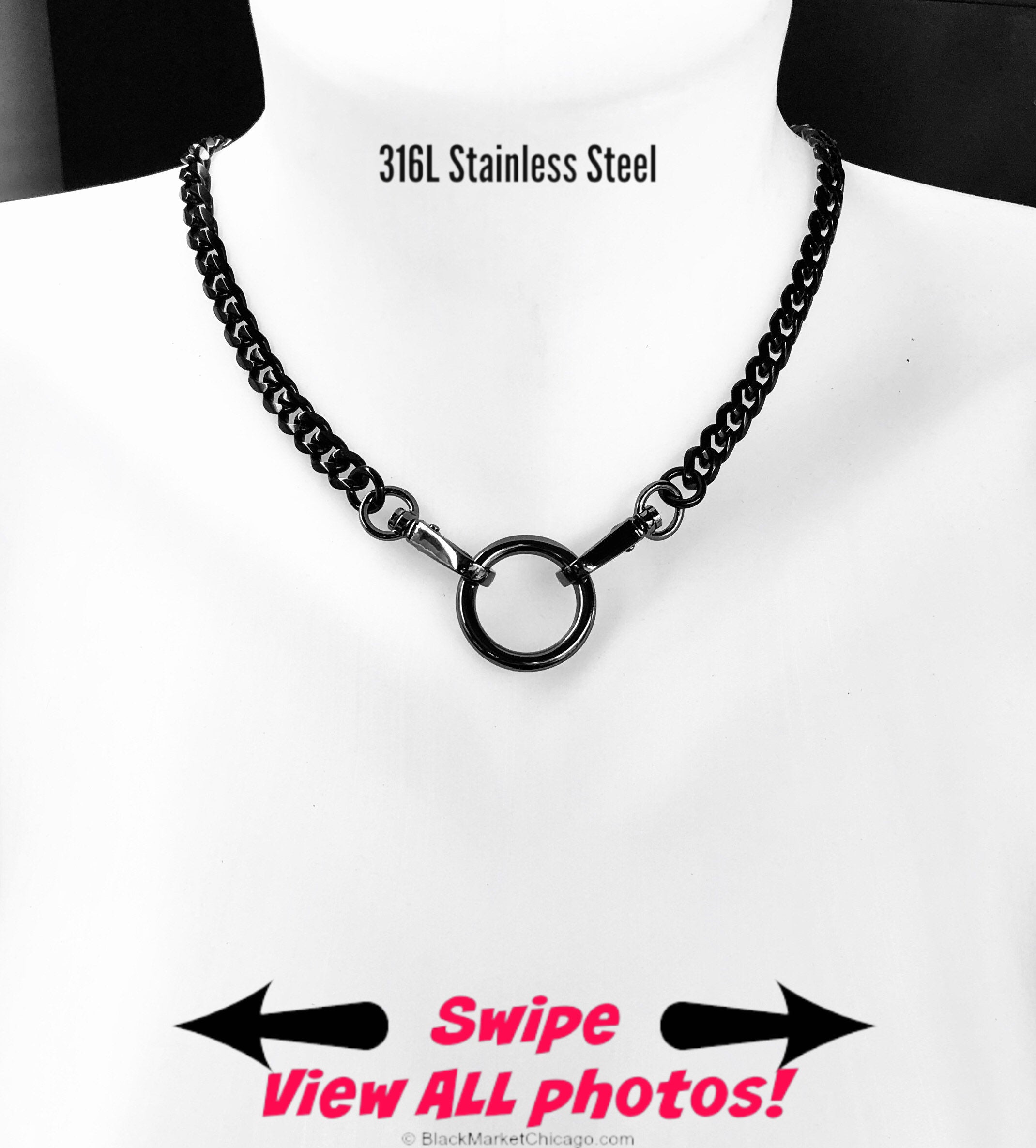 Sub Day Collar Stainless Steel Black Curb Chain & Ring 24/7 Waterproof Swivel Snap Closure