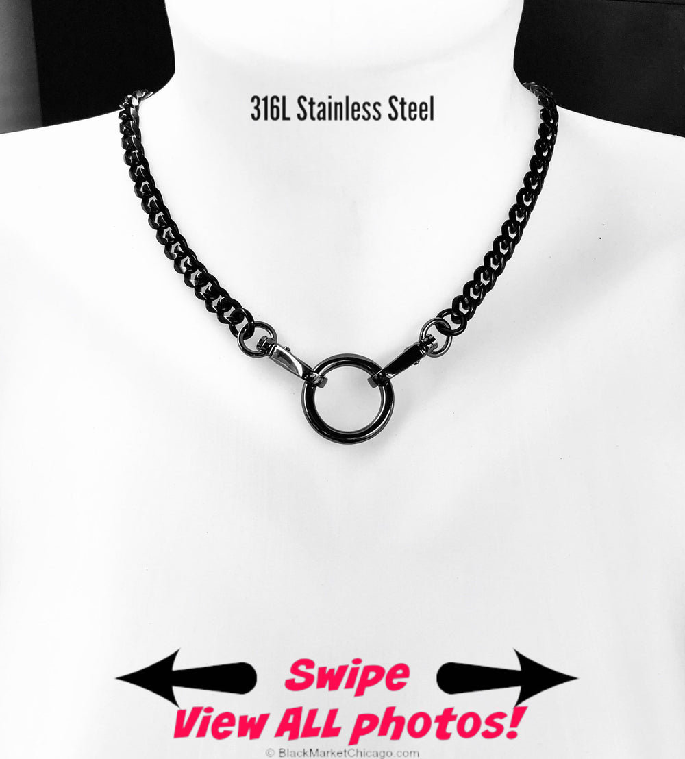Sub Day Collar Stainless Steel Black Curb Chain & Ring 24/7 Waterproof Swivel Snap Closure