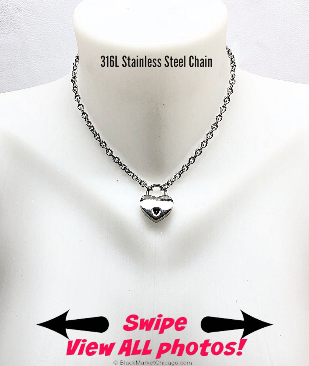 BDSM Day Collar 316L Stainless Steel Cable Dainty Chain with Small Mini HEART Padlock Closure Submissive Necklace