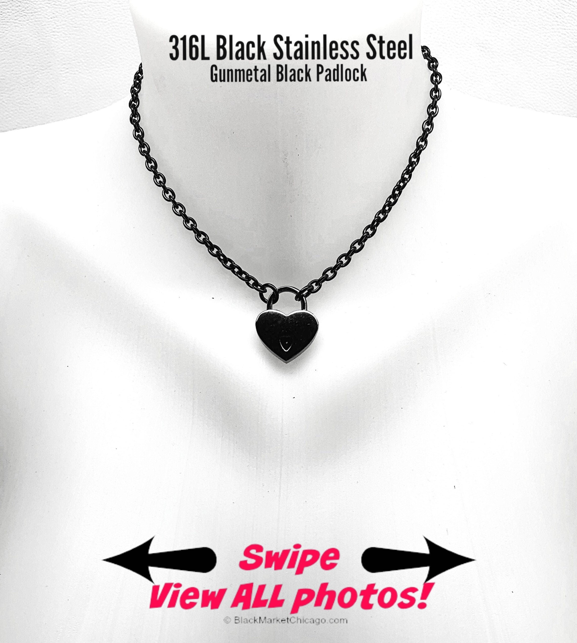 Sub Day Collar 316L Black Stainless Steel Cable Dainty Chain with Small GUNMETAL Heart Padlock Necklace