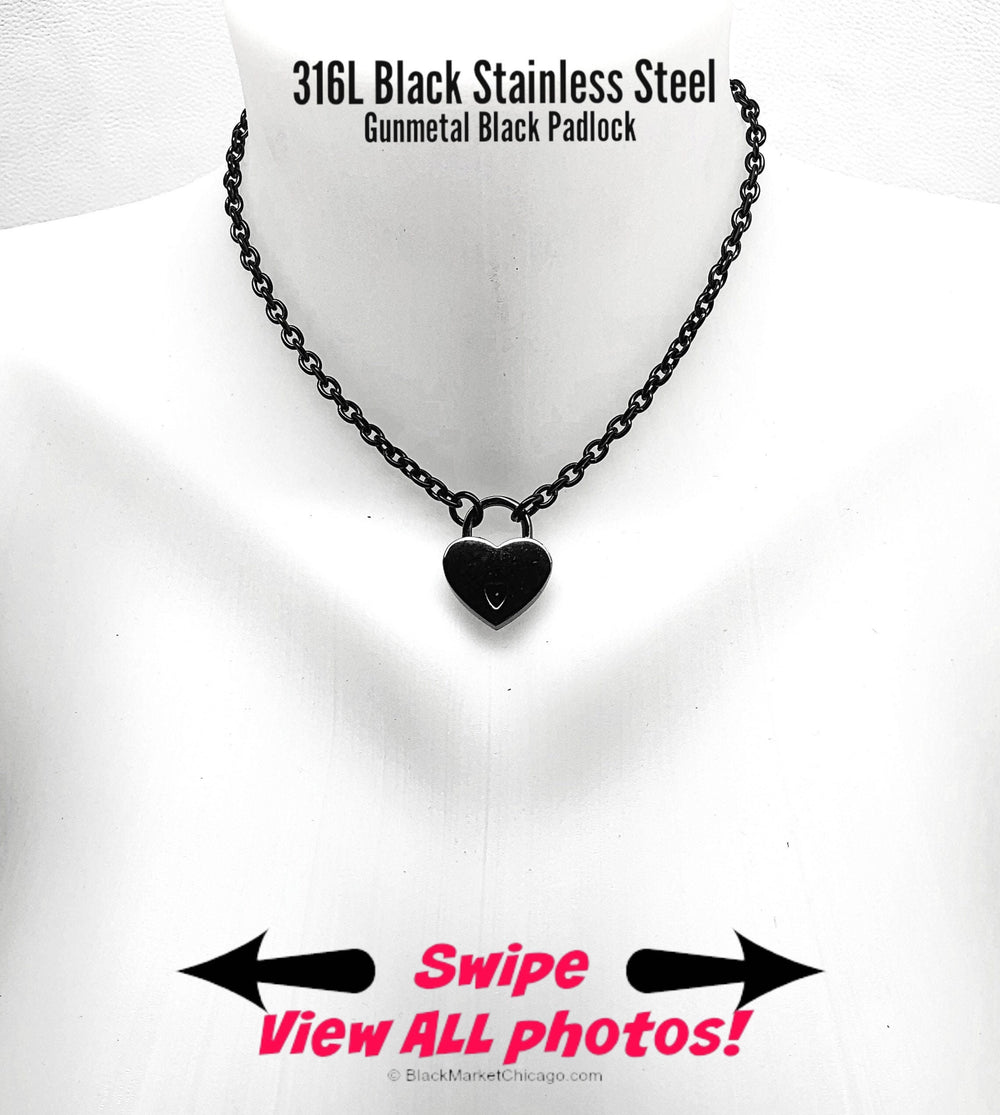 Sub Day Collar 316L Black Stainless Steel Cable Dainty Chain with Small GUNMETAL Heart Padlock Necklace