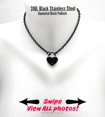 Sub Day Collar 316L Black Stainless Steel Cable Dainty Chain with Small GUNMETAL Heart Padlock Necklace