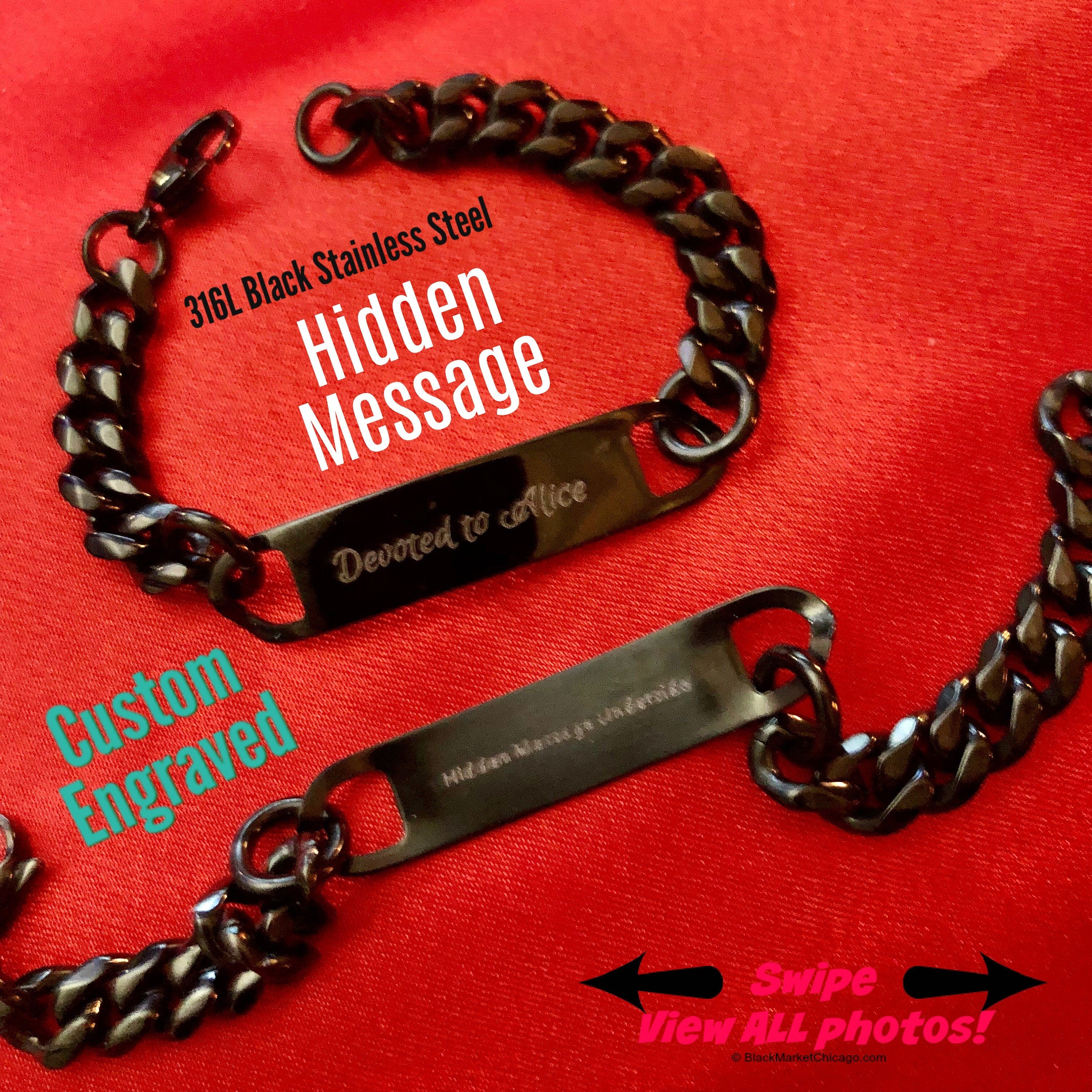 Sub Bracelet Discreet Secret HIDDEN MESSAGE Custom Engraved Personalized Wrist or Ankle Black Stainless Steel