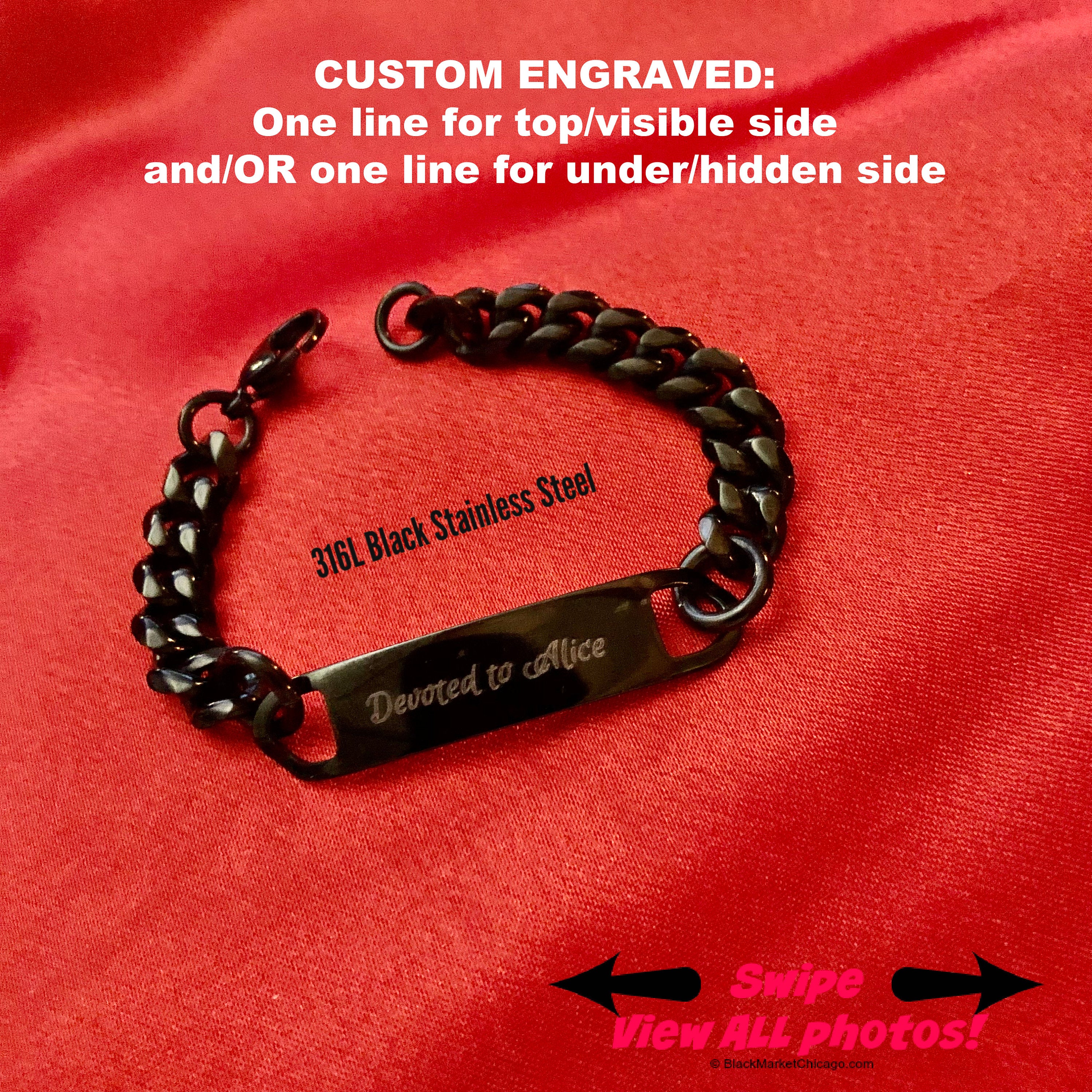 Sub Bracelet Discreet Secret HIDDEN MESSAGE Custom Engraved Personalized Wrist or Ankle Black Stainless Steel
