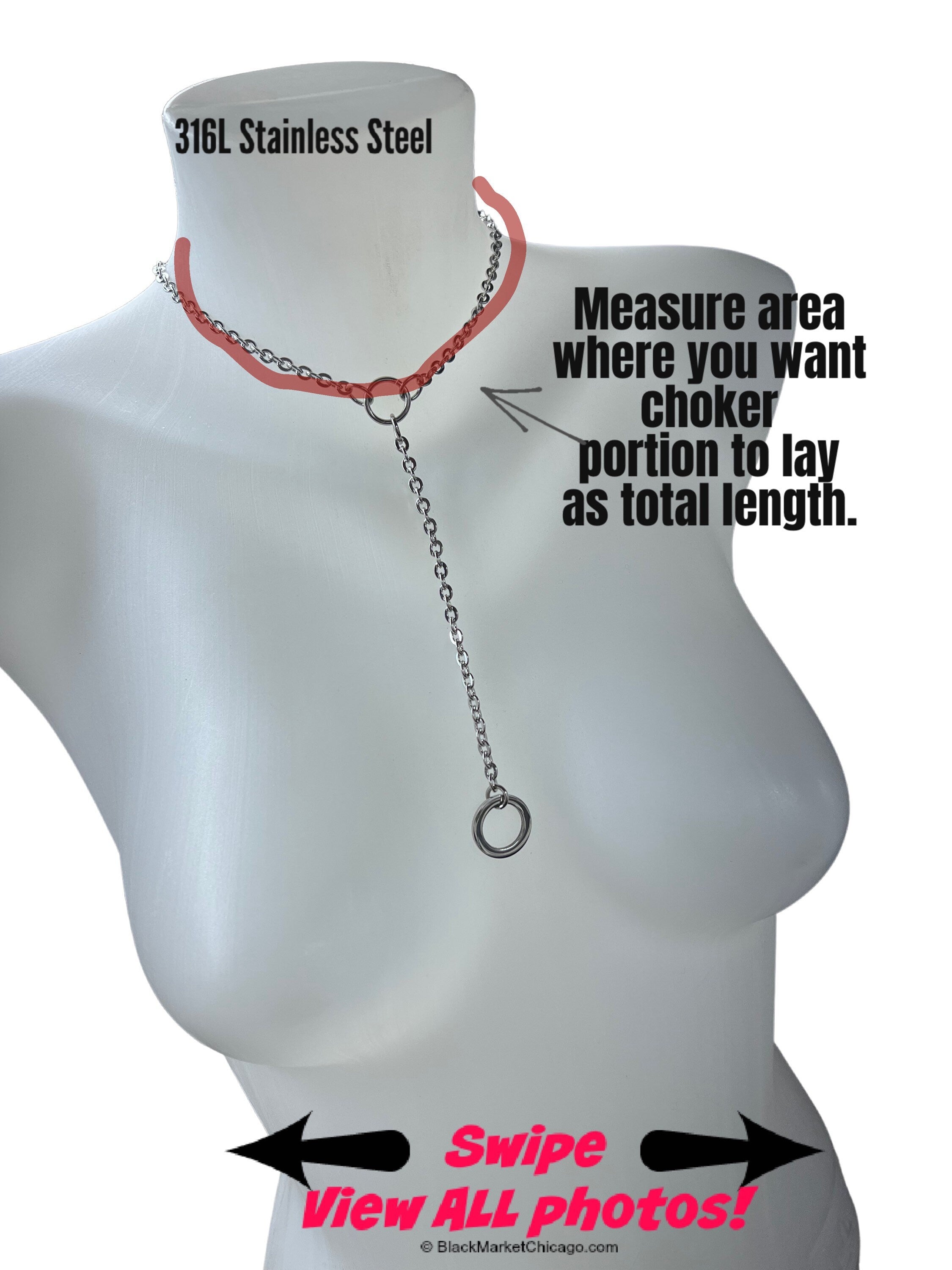 Submissive Day Collar w Chain Lead and Ring, 24/7 Permanent Lock Option, All Stainless Steel