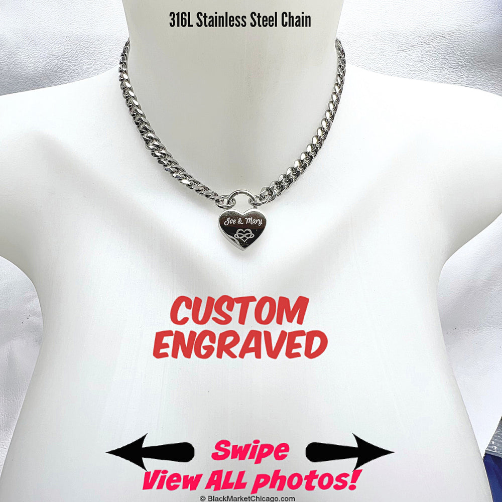 Sub Day Collar Locking Custom Engraved 316L Stainless Steel Chain and SMALL Nickel Heart Padlock Submissive Choker or Necklace