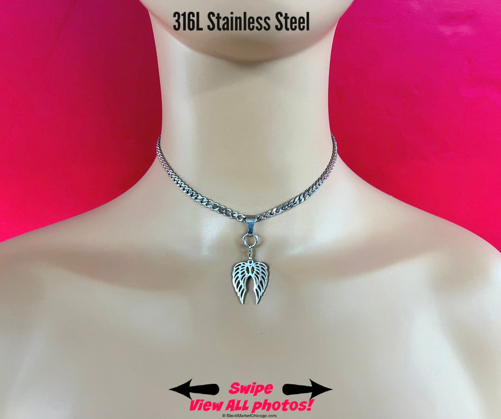Submissive Day Collar, Angel Wings, DDLG Discreet Choker 24/7 Wear Stainless Steel