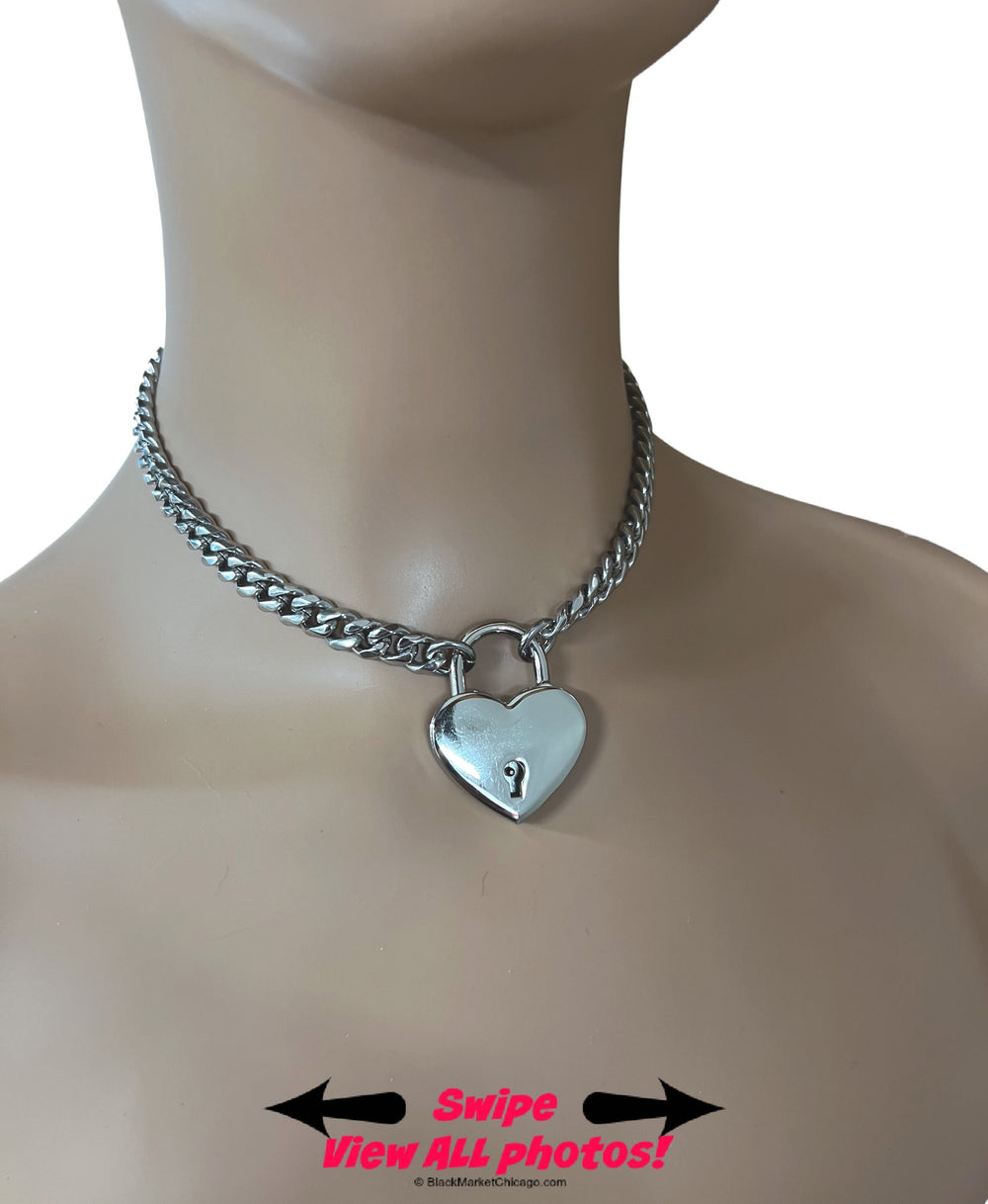 Heart Padlock & Chain Necklace, stainless steel chain