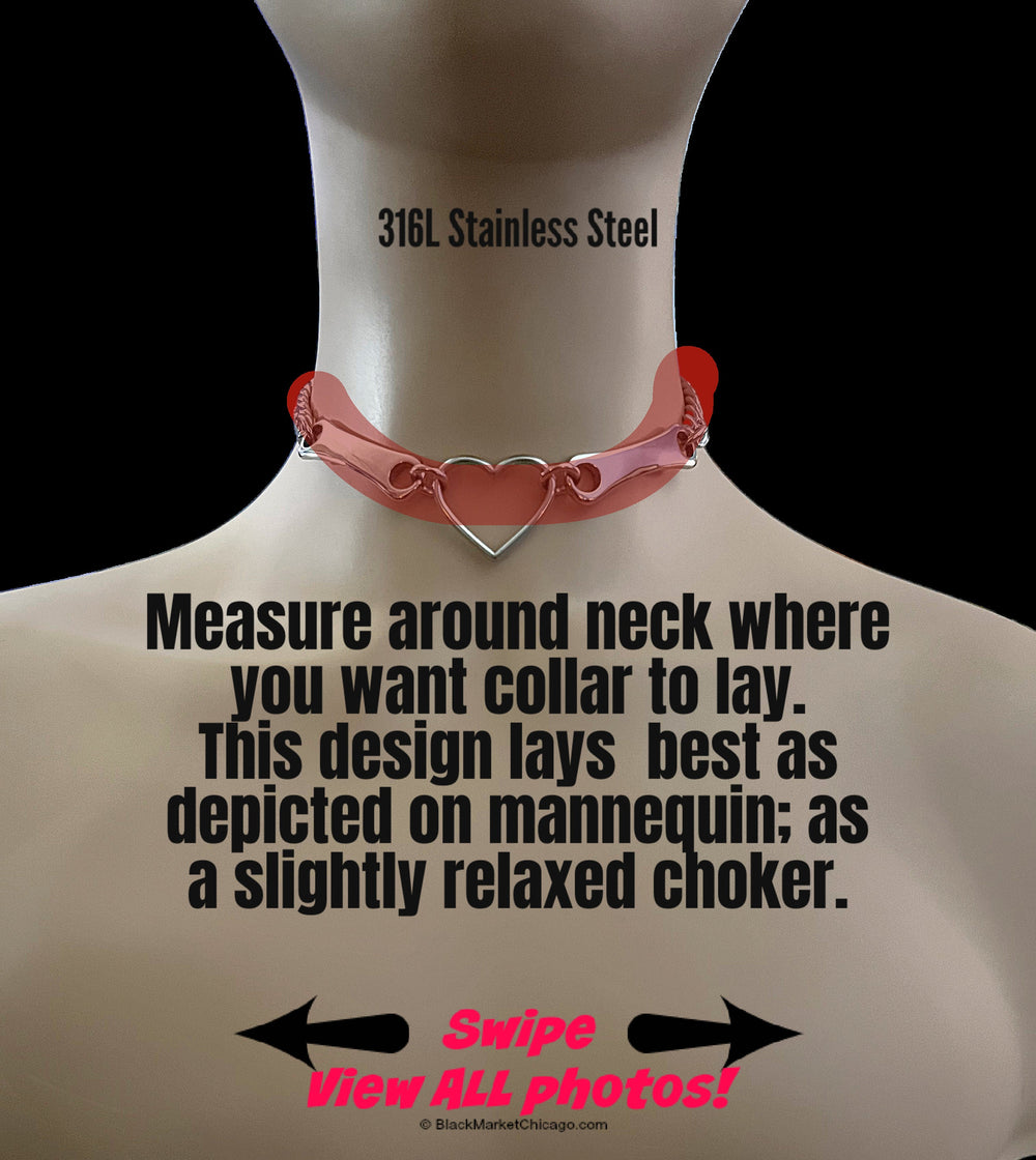 Discreet Sub Day Collar, 24/7 Permanent Locking Option, Stainless Steel, Heart and Steel Bars