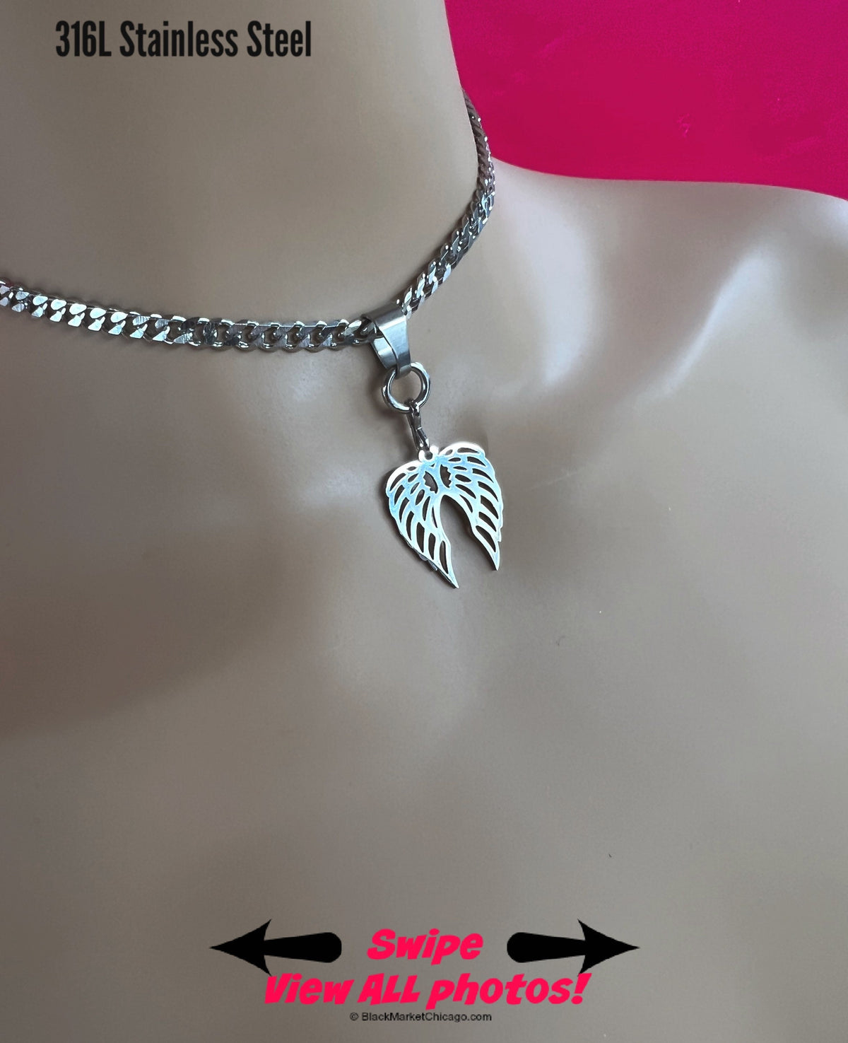 Submissive Day Collar, Angel Wings, DDLG Discreet Choker 24/7 Wear Stainless Steel