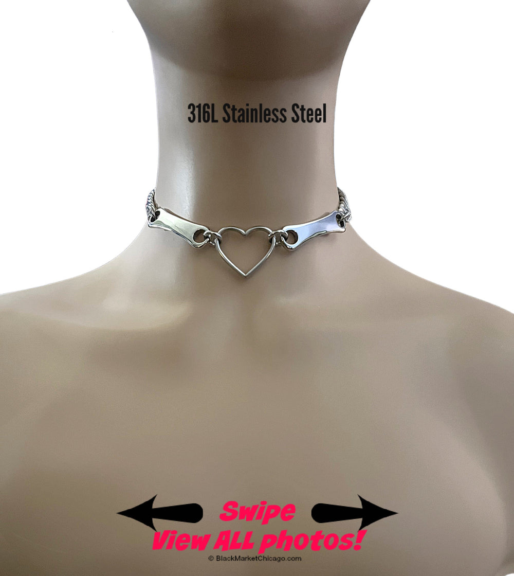 Discreet Sub Day Collar, 24/7 Permanent Locking Option, Stainless Steel, Heart and Steel Bars