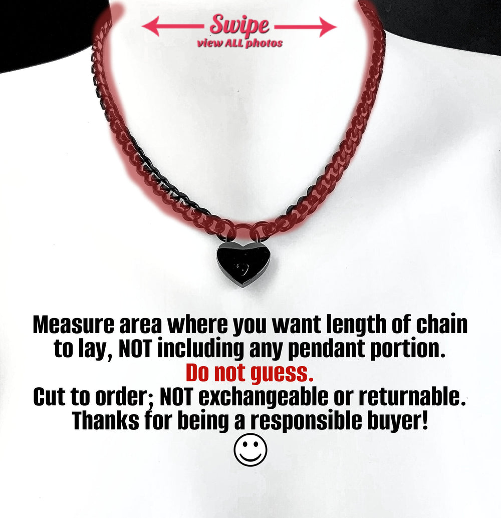 Custom Engraved Lock Day Collar GUNMETAL Black 316L Stainless Steel Chain and SMALL Heart Padlock Locking Choker or Necklace