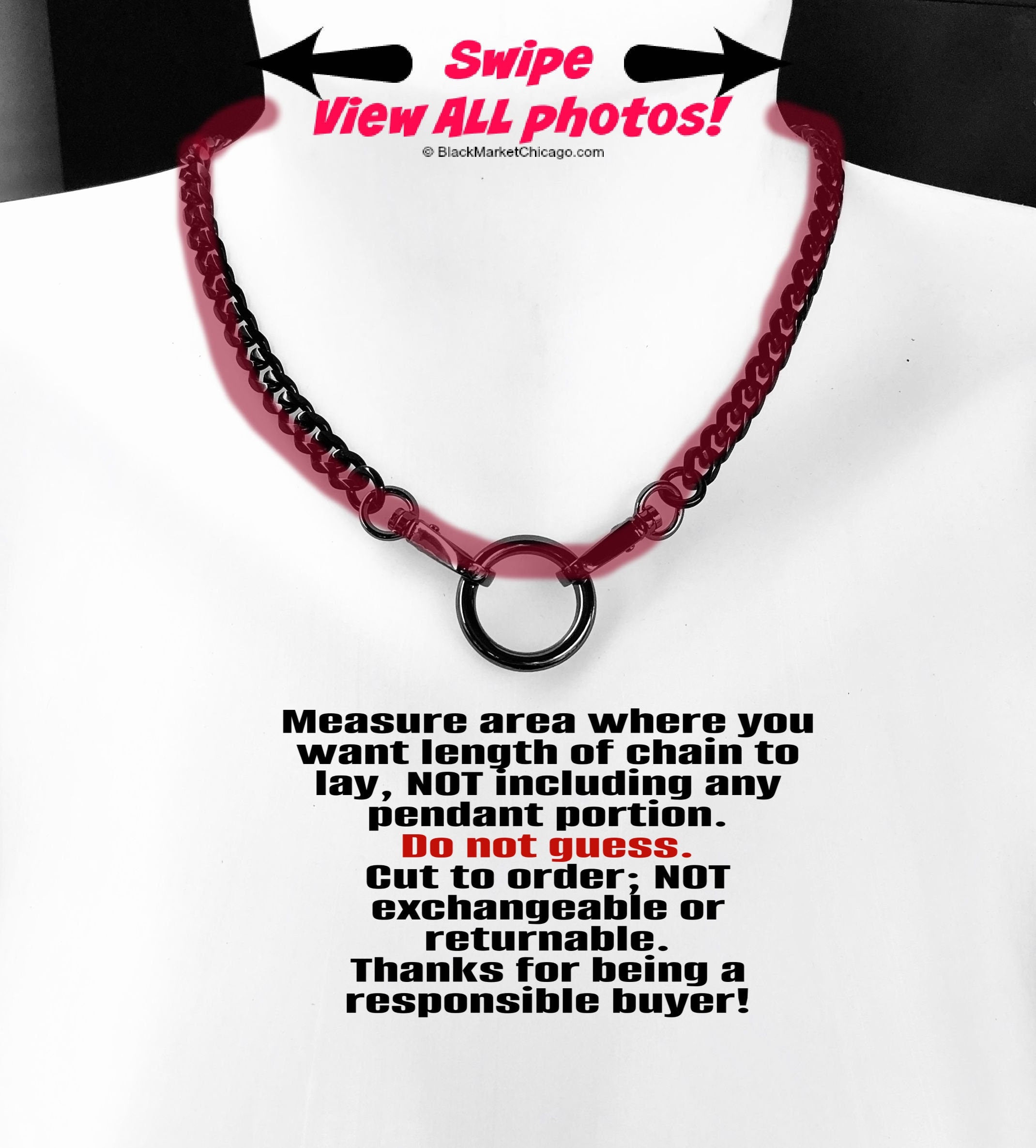 Sub Day Collar Stainless Steel Black Curb Chain & Ring 24/7 Waterproof Swivel Snap Closure