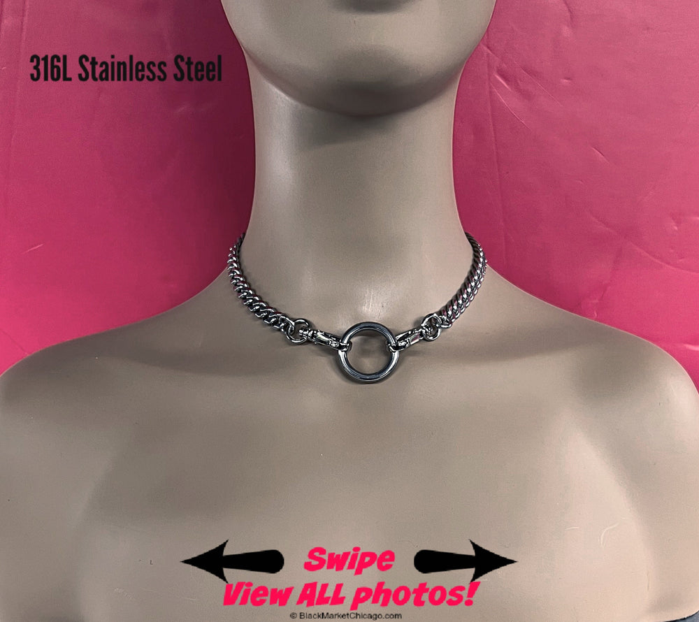 Sub Day Collar, 24/7 Public Wearable, Stainless Steel Curb Chain, O-ring with Swivel Snaps Closure