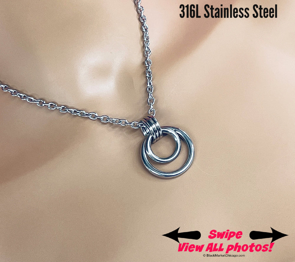 Discreet Day Collar, Dual WELDED O-Rings, Dom or sub 24/7 Locking Stainless Steel Chain