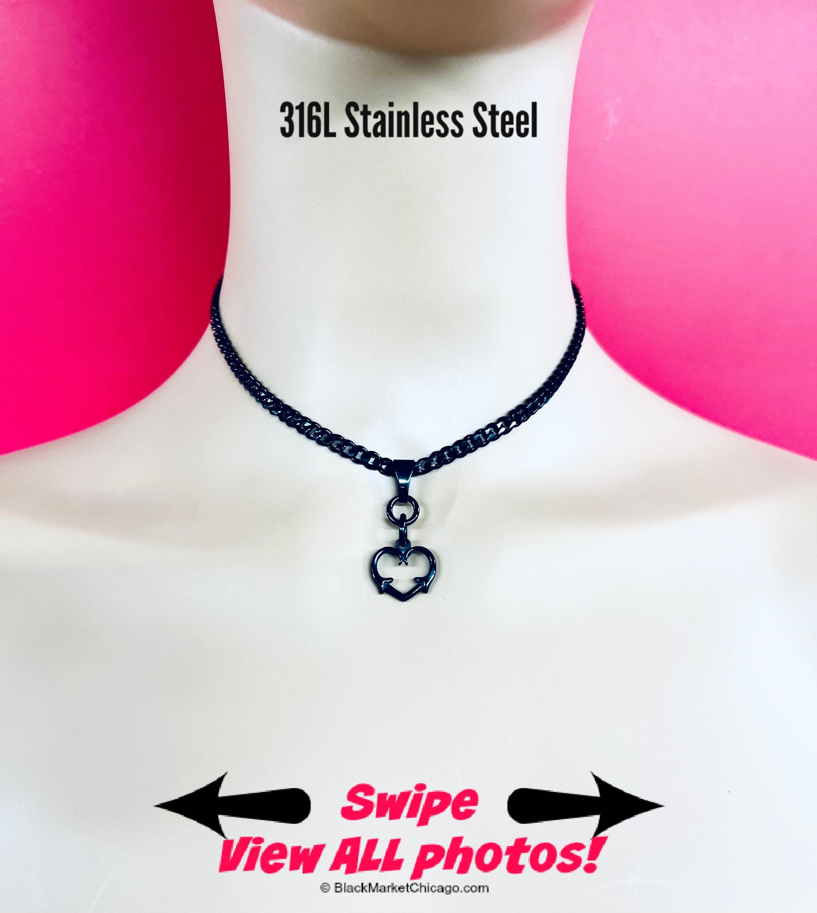 Discreet Sub Day Collar, Thorny Heart Necklace, Permanent Locking Option, BLACK 316L Stainless Steel, Waterproof 24/7