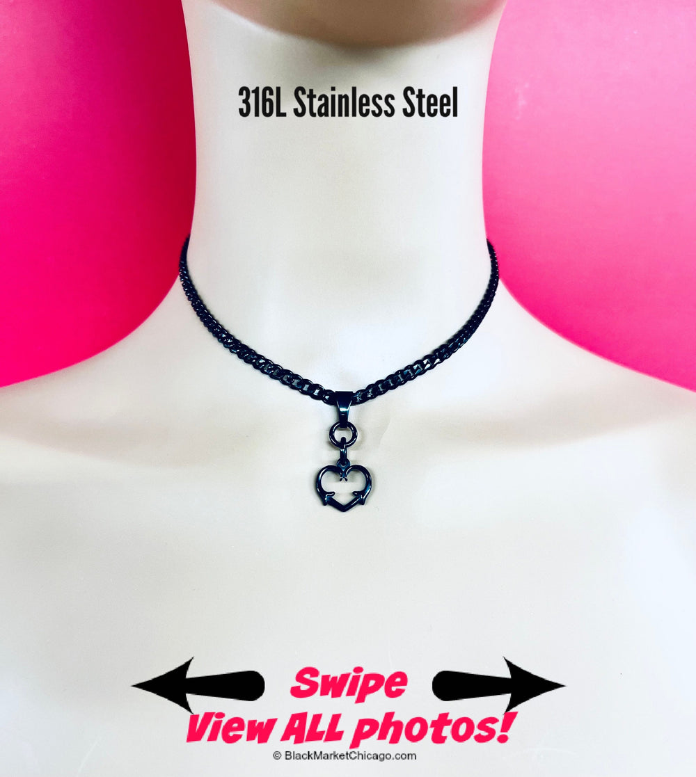 Discreet Sub Day Collar, Thorny Heart Necklace, Permanent Locking Option, BLACK 316L Stainless Steel, Waterproof 24/7