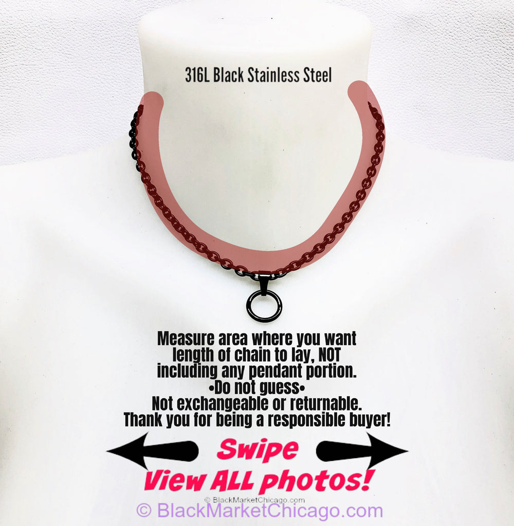Discreet Submissive Day Collar, Waterproof Locking, O-Ring Necklace, Black Stainless Steel