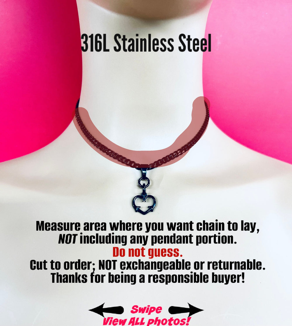 Discreet Sub Day Collar, Thorny Heart Necklace, Permanent Locking Option, BLACK 316L Stainless Steel, Waterproof 24/7