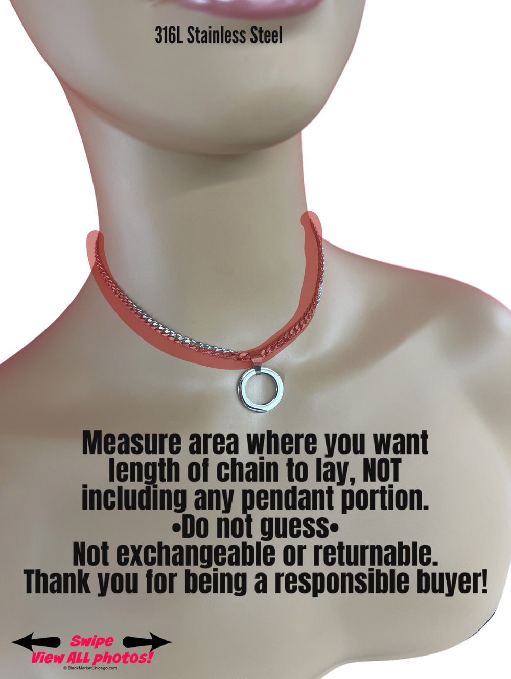 Permanent Lock Option Sub Day Collar, O-Ring Necklace, 24/7 Wear, Stainless Steel Curb Chain