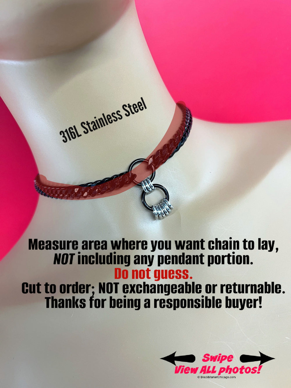 Submissive Day Collar, Permanently Lock Option, or Elegant Mistress Necklace, BLACK Stainless Steel Chain with O-Rings