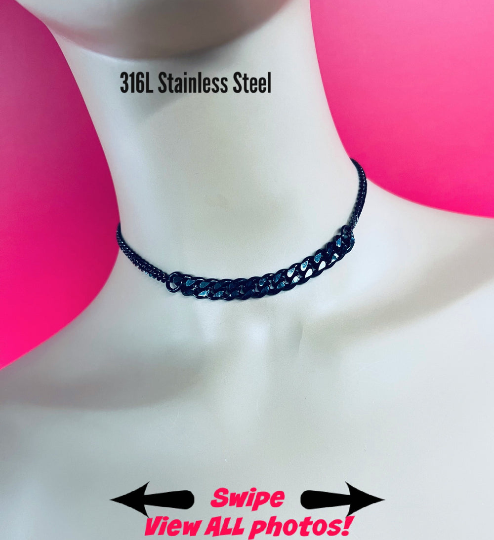 Sub Day Collar, BLACK Stainless Steel Chain, 24-7 Wear Necklace, Waterproof Lock option