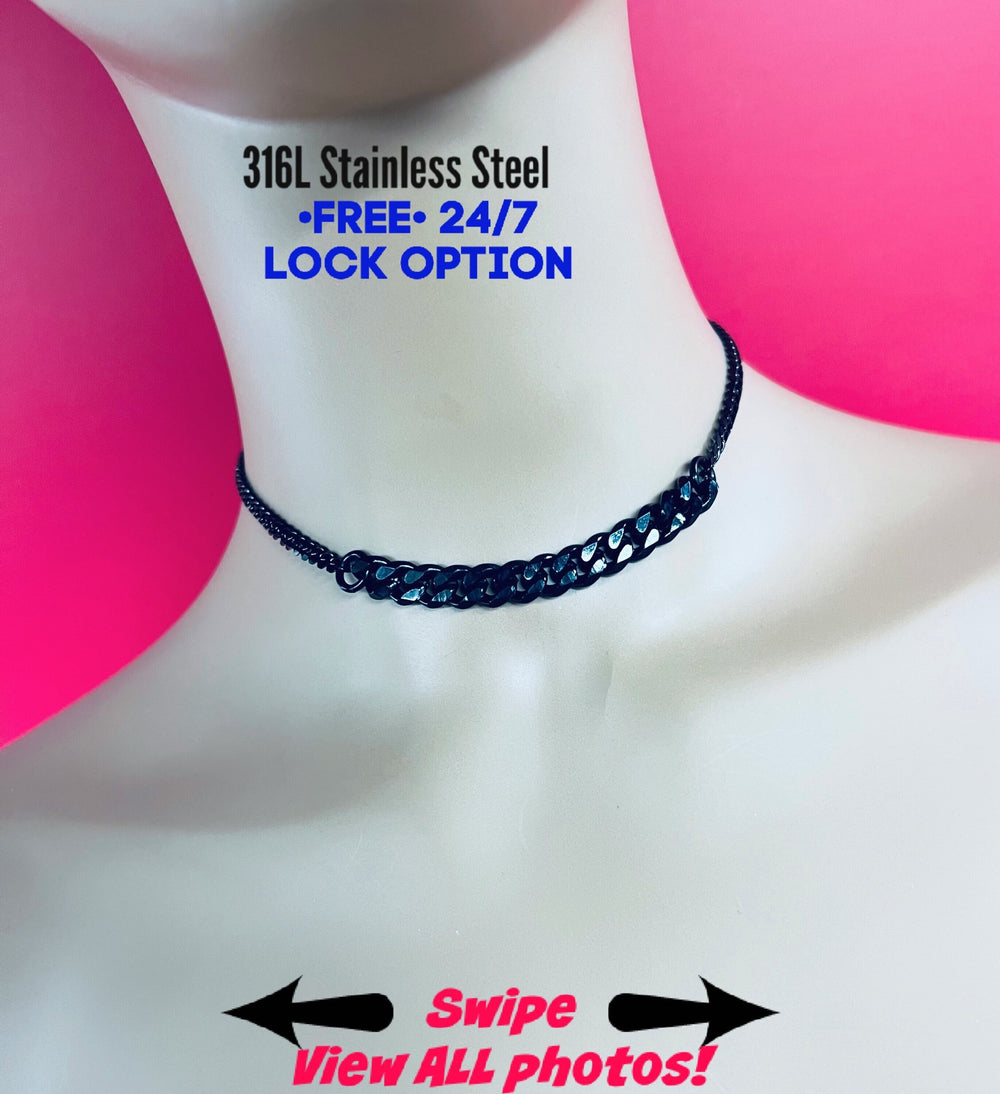 Sub Day Collar, BLACK Stainless Steel Chain, 24-7 Wear Necklace, Waterproof Lock option