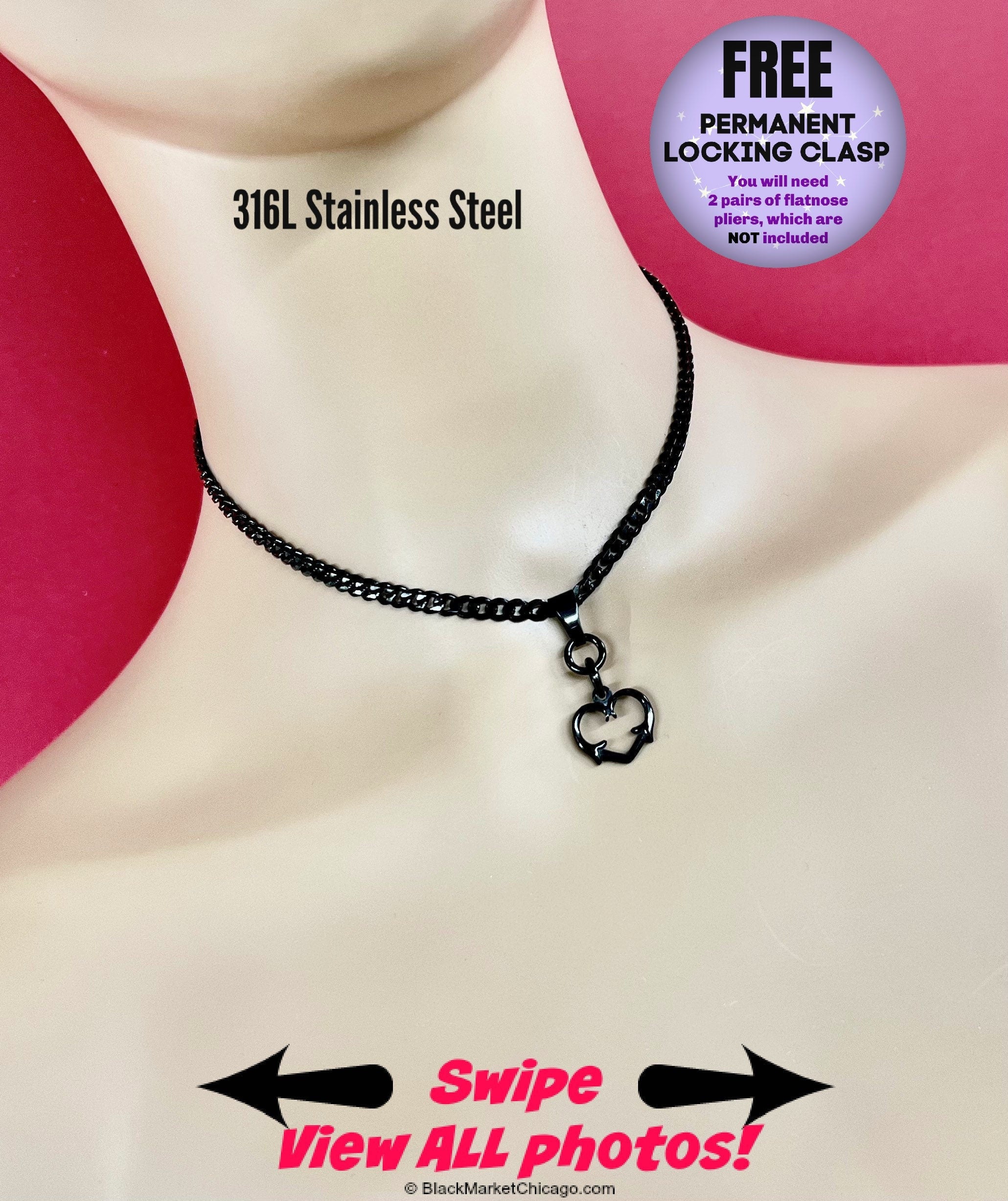 Discreet Sub Day Collar, Thorny Heart Necklace, Permanent Locking Option, BLACK 316L Stainless Steel, Waterproof 24/7