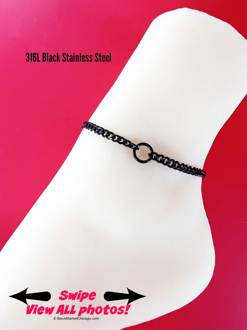 Sub or Dom Ankle Bracelet, BLACK Chain, Discreet, Waterproof, Permanent Locking option, 24/7 Wear, All Stainless Steel
