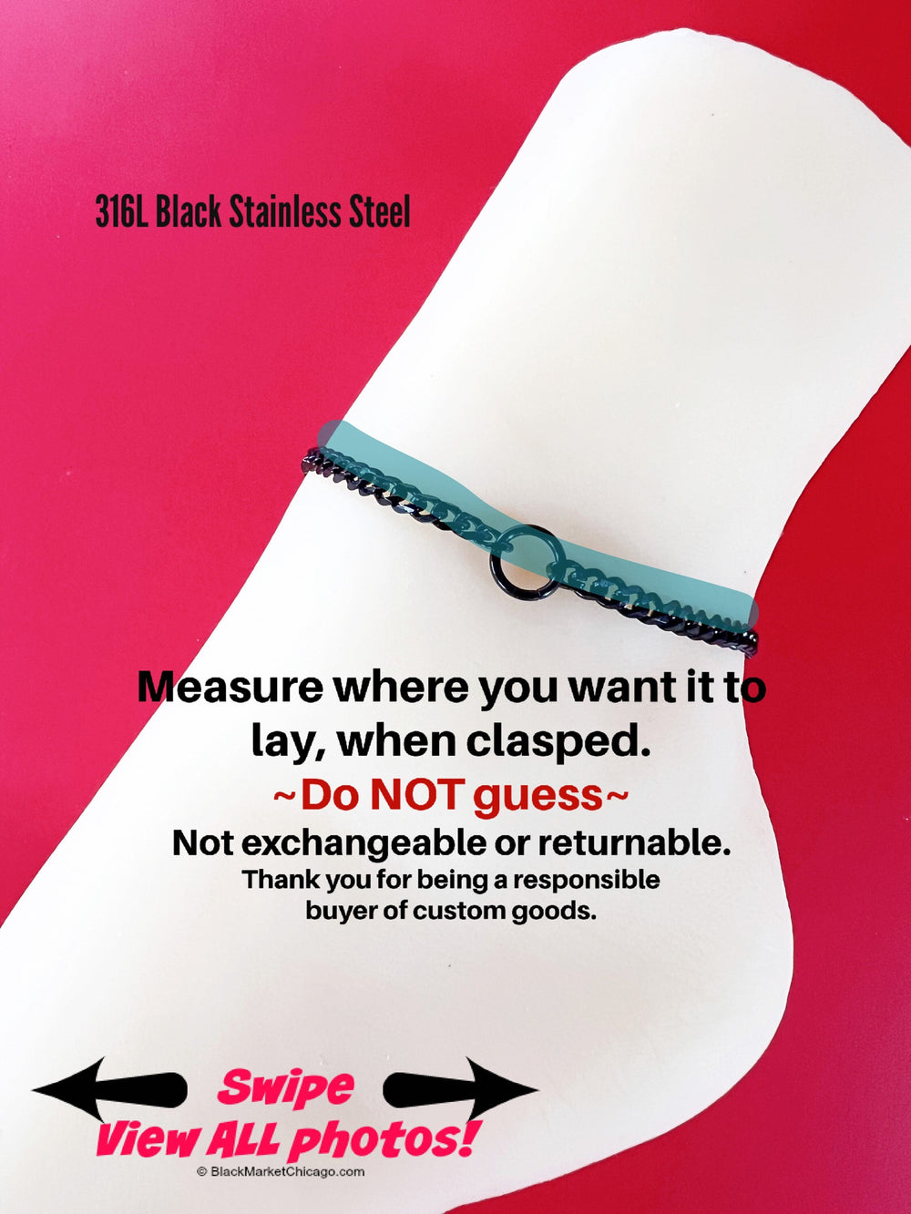 Sub or Dom Ankle Bracelet, BLACK Chain, Discreet, Waterproof, Permanent Locking option, 24/7 Wear, All Stainless Steel