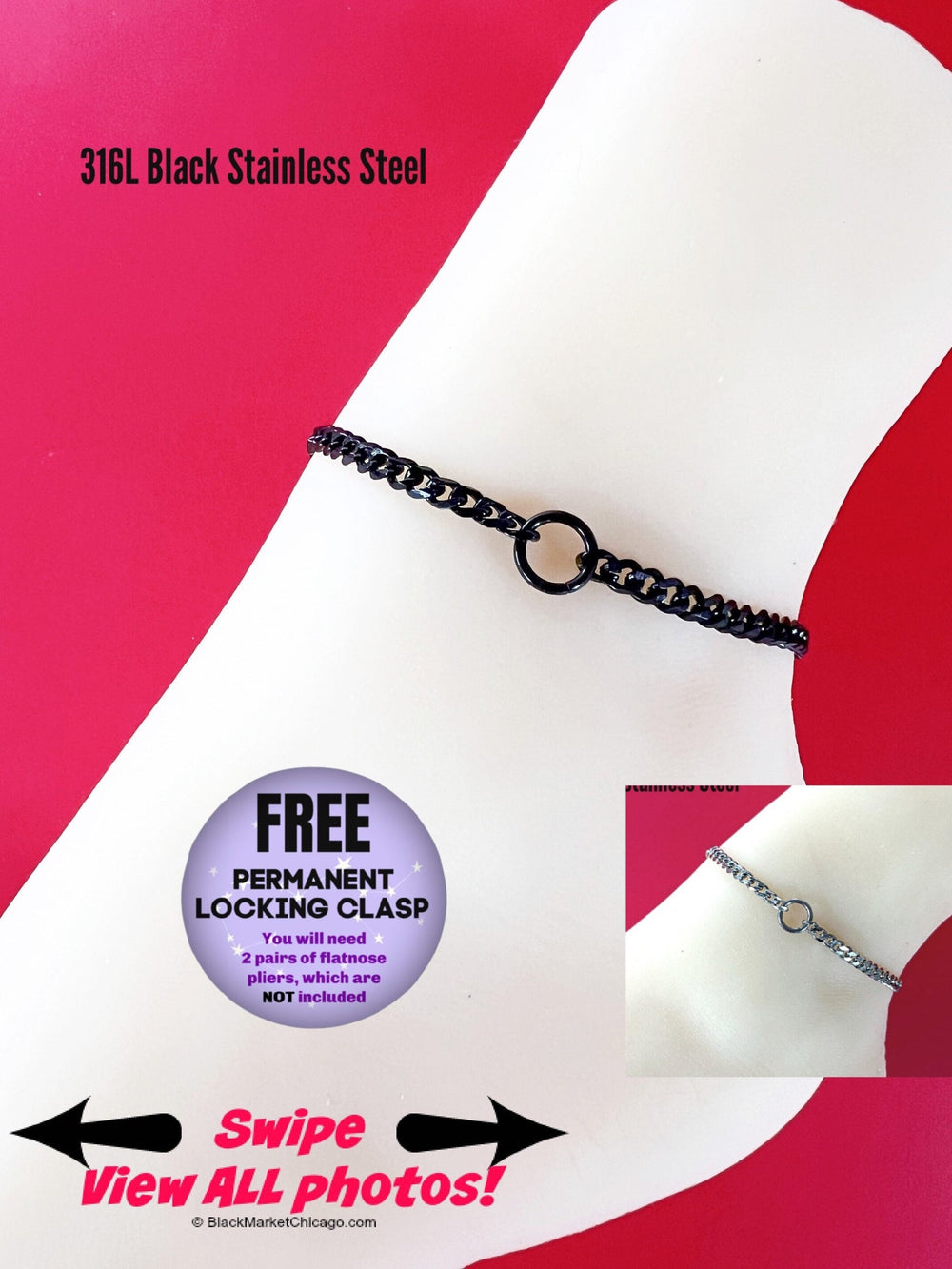 Sub or Dom Ankle Bracelet, BLACK Chain, Discreet, Waterproof, Permanent Locking option, 24/7 Wear, All Stainless Steel