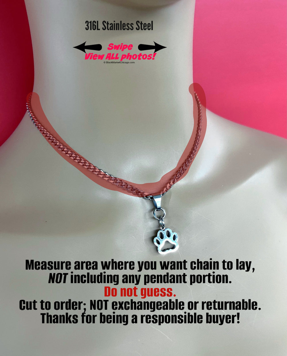 DDLG Kitten Sub Collar, 24/7 Paw Pendant, All Stainless Steel, permanent lock option