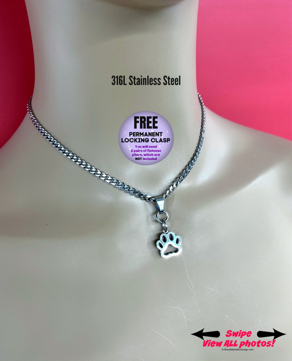 DDLG Kitten Sub Collar, 24/7 Paw Pendant, All Stainless Steel, permanent lock option