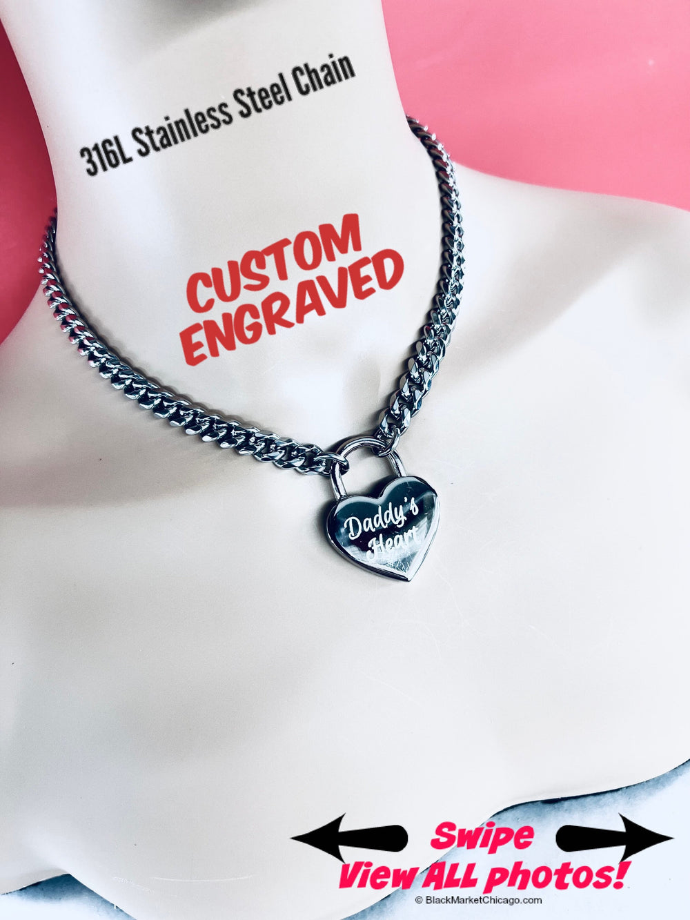 Custom Engraved Sub Day Collar, or Mistress Necklace, Polished Stainless Steel Chain, NICKEL Padlock