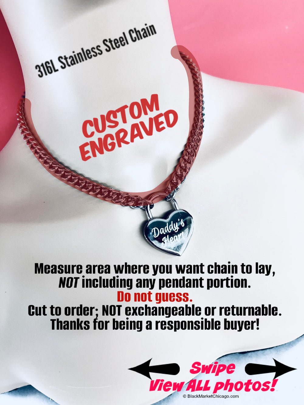 Custom Engraved Sub Day Collar, or Mistress Necklace, Polished Stainless Steel Chain, NICKEL Padlock