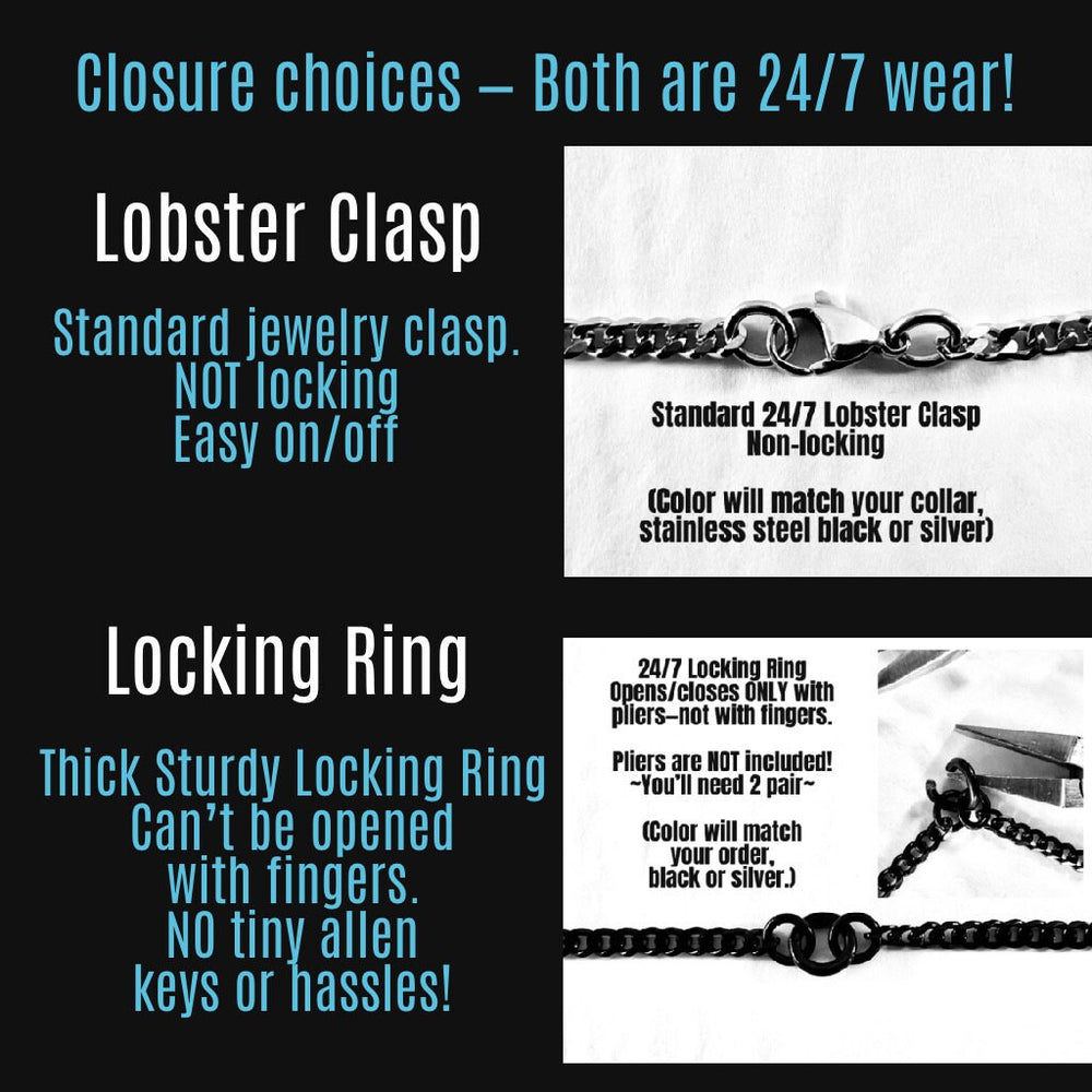 Sub Day Collar, Casading BLACK Chain, All Stainless Steel, Permanent locking option