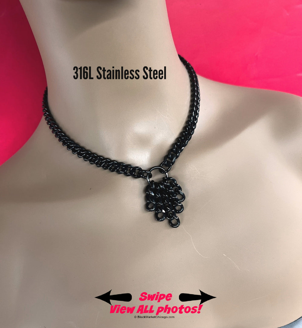 Sub Day Collar, Casading BLACK Chain, All Stainless Steel, Permanent locking option