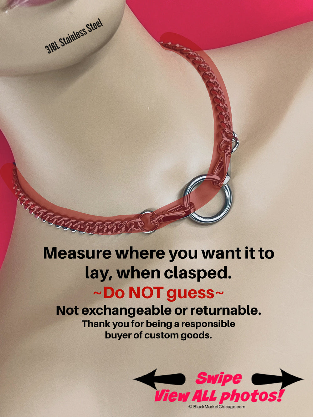 Sub Day Collar, 24/7 Public Wearable, Stainless Steel Curb Chain, O-ring with Swivel Snaps Closure