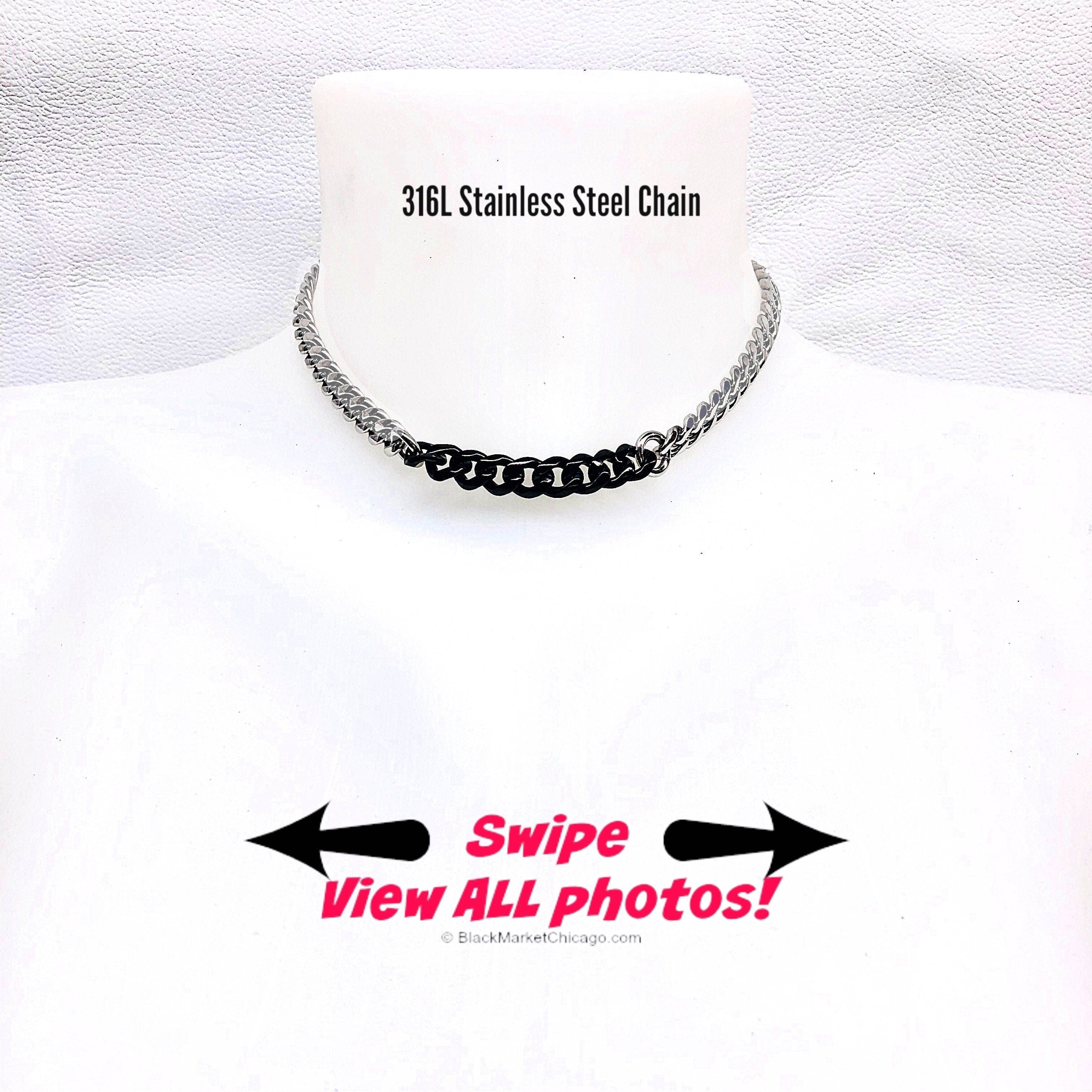 Discreet Submissive Day Collar 2-tone Black and Silver Stainless Steel Chain Necklace