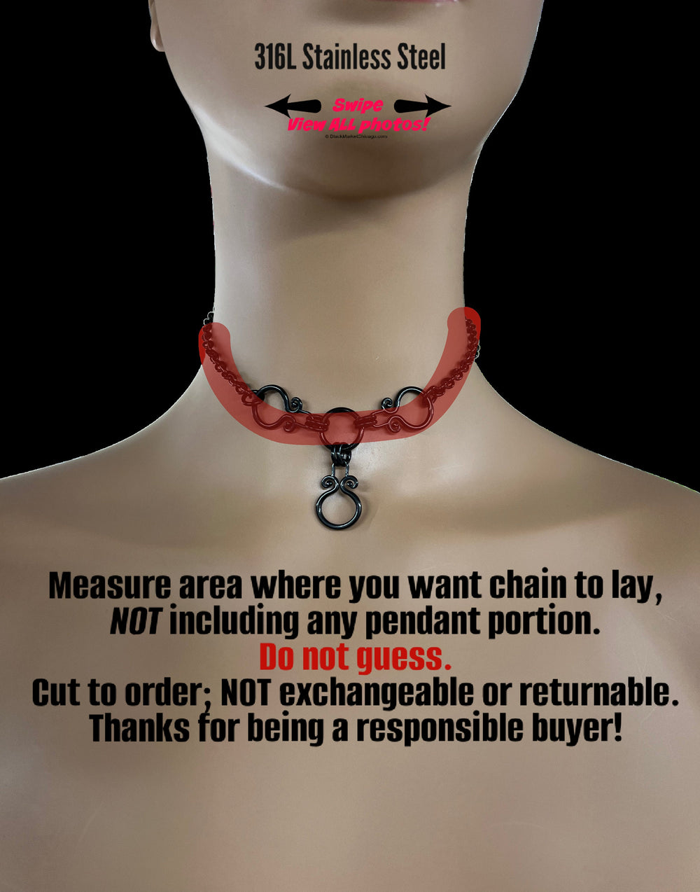 Discreet Sub Day Collar, Permanent Locking Option, The Trinity, All BLACK Stainless Steel